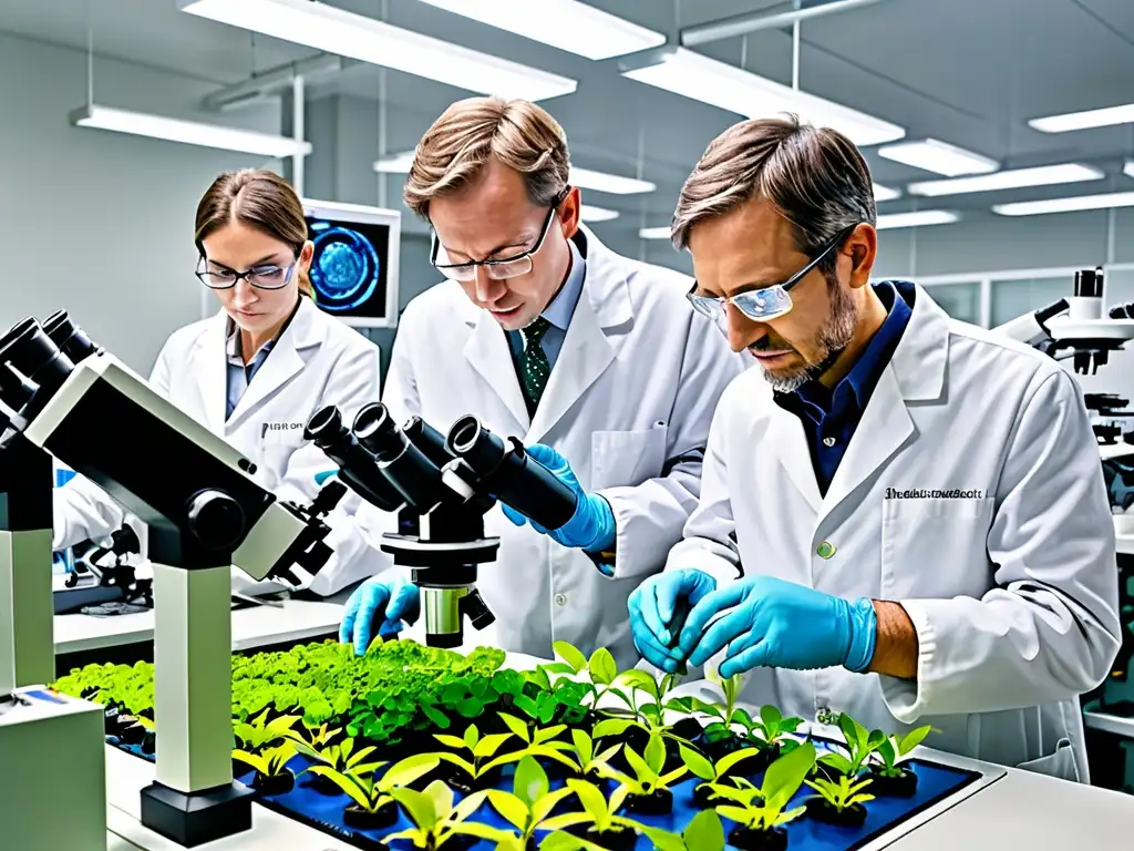 Expertos en laboratorio analizan muestras vegetales bajo microscopios de alta potencia, rodeados de tecnología avanzada