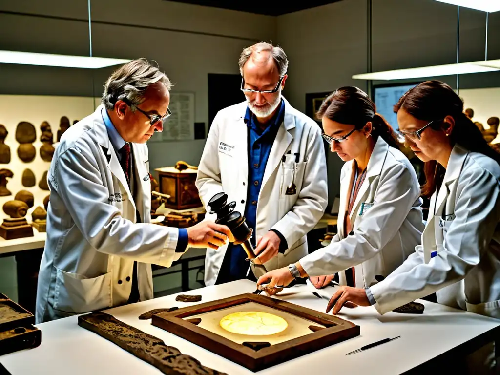 Expertos en preservación del patrimonio histórico natural examinan con detalle un antiguo artefacto en un laboratorio de conservación