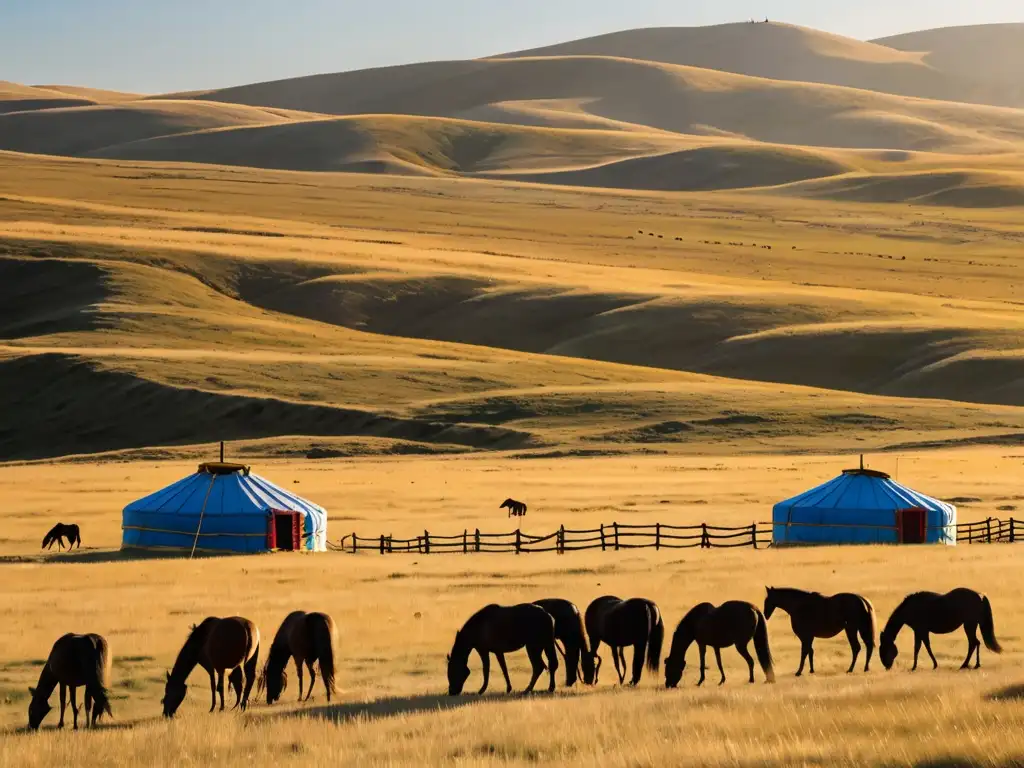 Extensas praderas de Mongolia con yurtas y caballos pastando, transmitiendo armonía y desarrollo sostenible en los pastizales de Mongolia