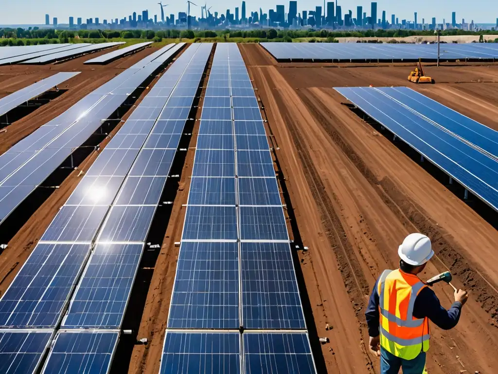 Un extenso campo de paneles solares se extiende hasta el horizonte bajo un cielo azul claro