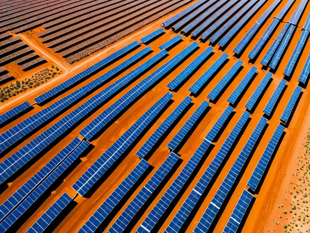 Un extenso campo de paneles solares brillantes en el desierto, destacando el potencial de las políticas de energía renovable actuales