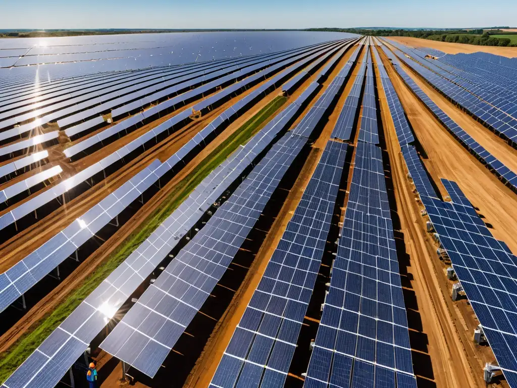 Un extenso campo de paneles solares brillantes se extiende en el horizonte, mostrando la importancia de los subsidios en la energía limpia