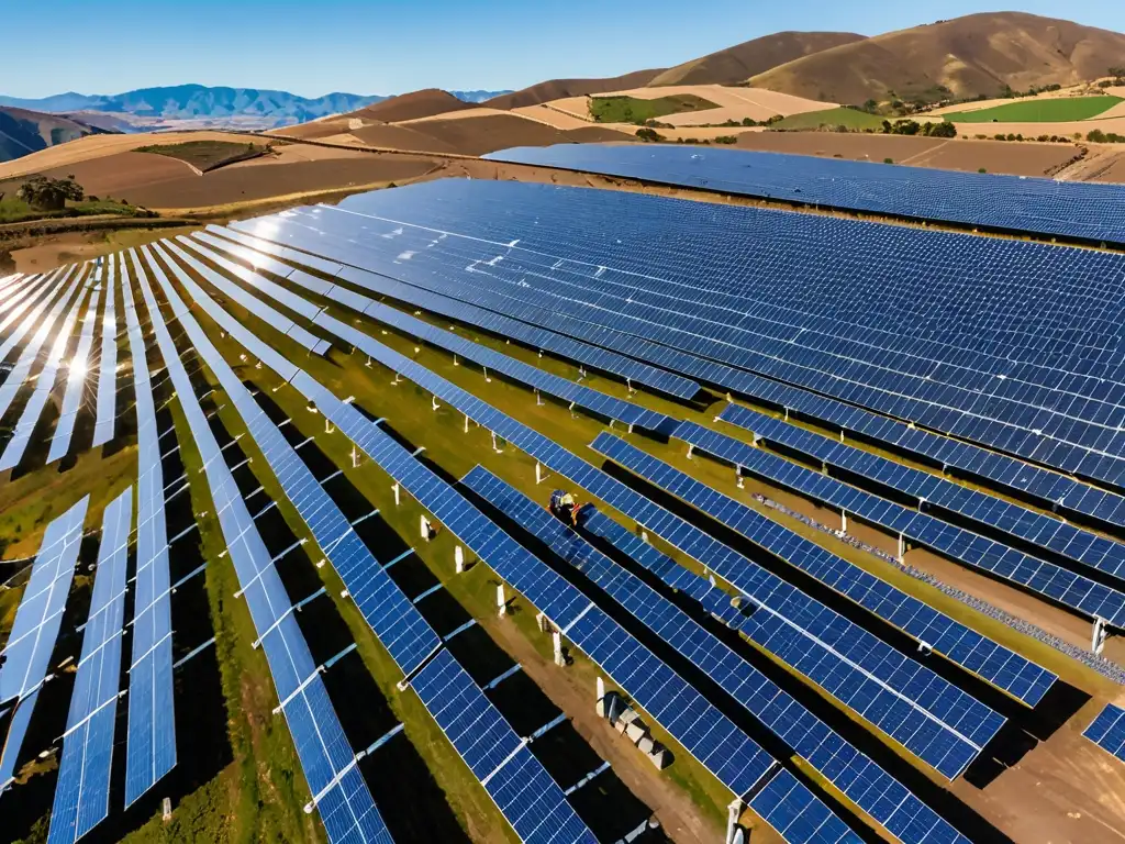 Un extenso campo de paneles solares en las colinas de América del Sur, con trabajadores y un cielo azul despejado