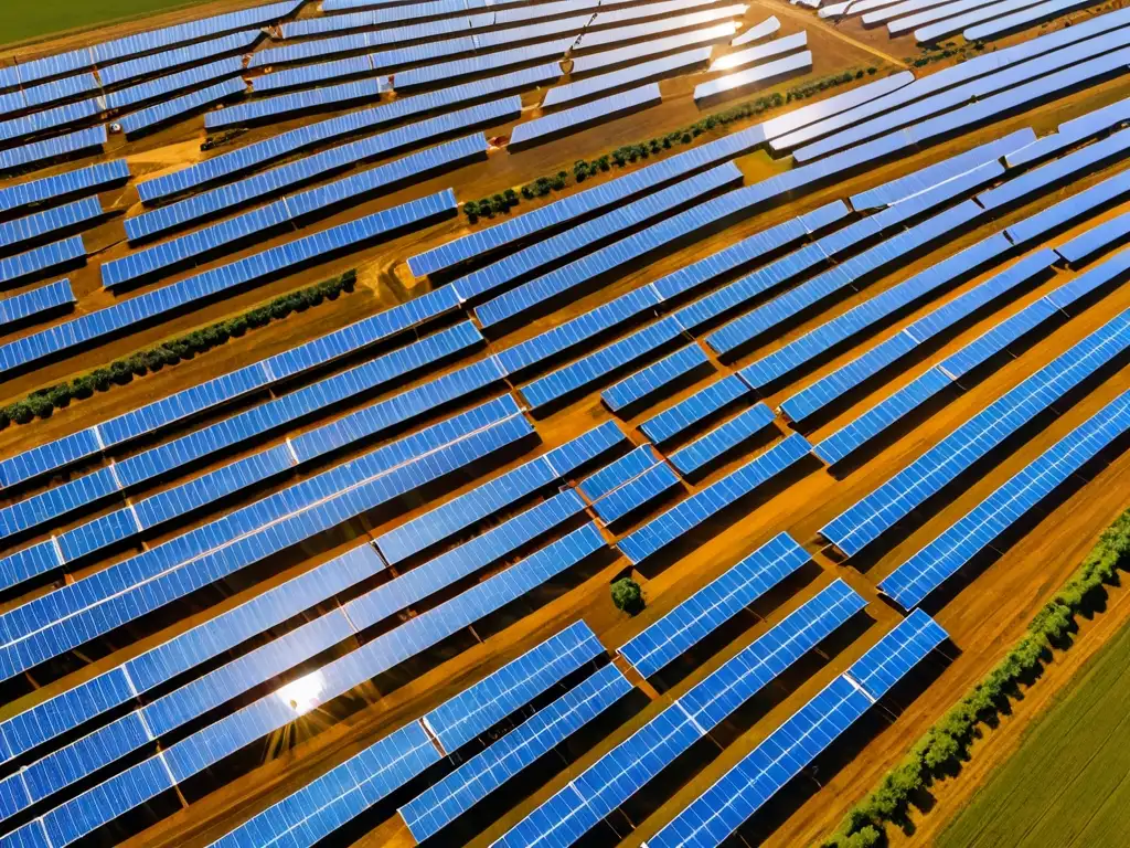 Un extenso campo de paneles solares relucientes bajo el sol, con trabajadores y una impactante geometría