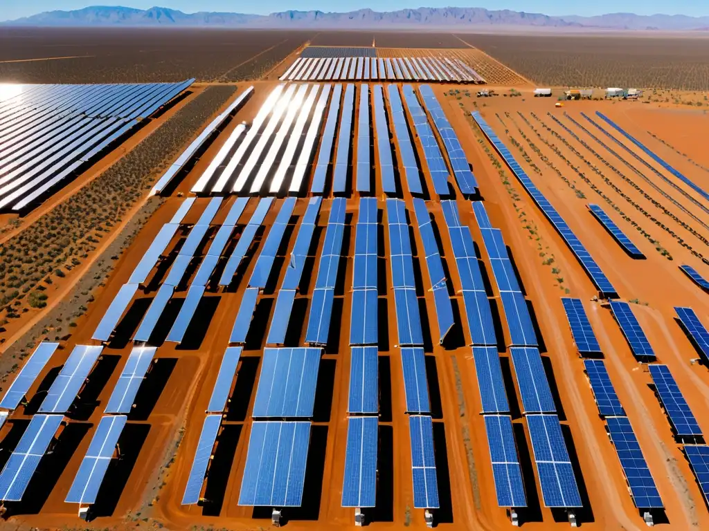 Un extenso campo de paneles solares relucientes en el desierto, con ingenieros y trabajadores realizando mantenimiento