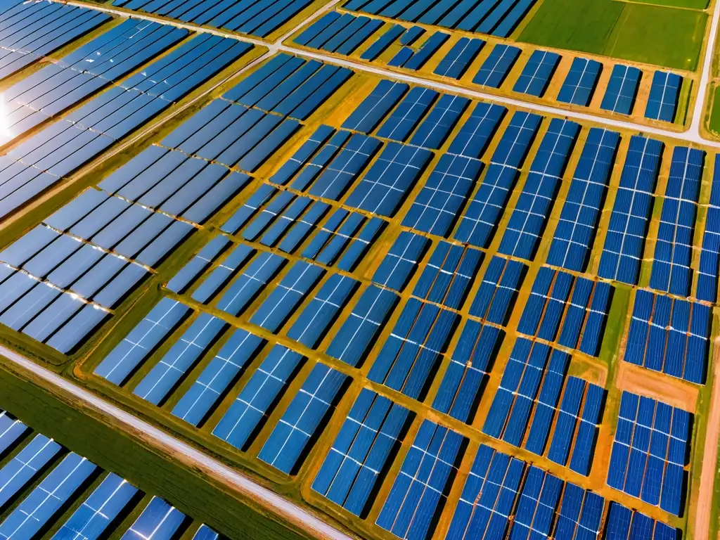 Un extenso campo de paneles solares bajo el cielo azul, fusionando tecnología verde con la naturaleza