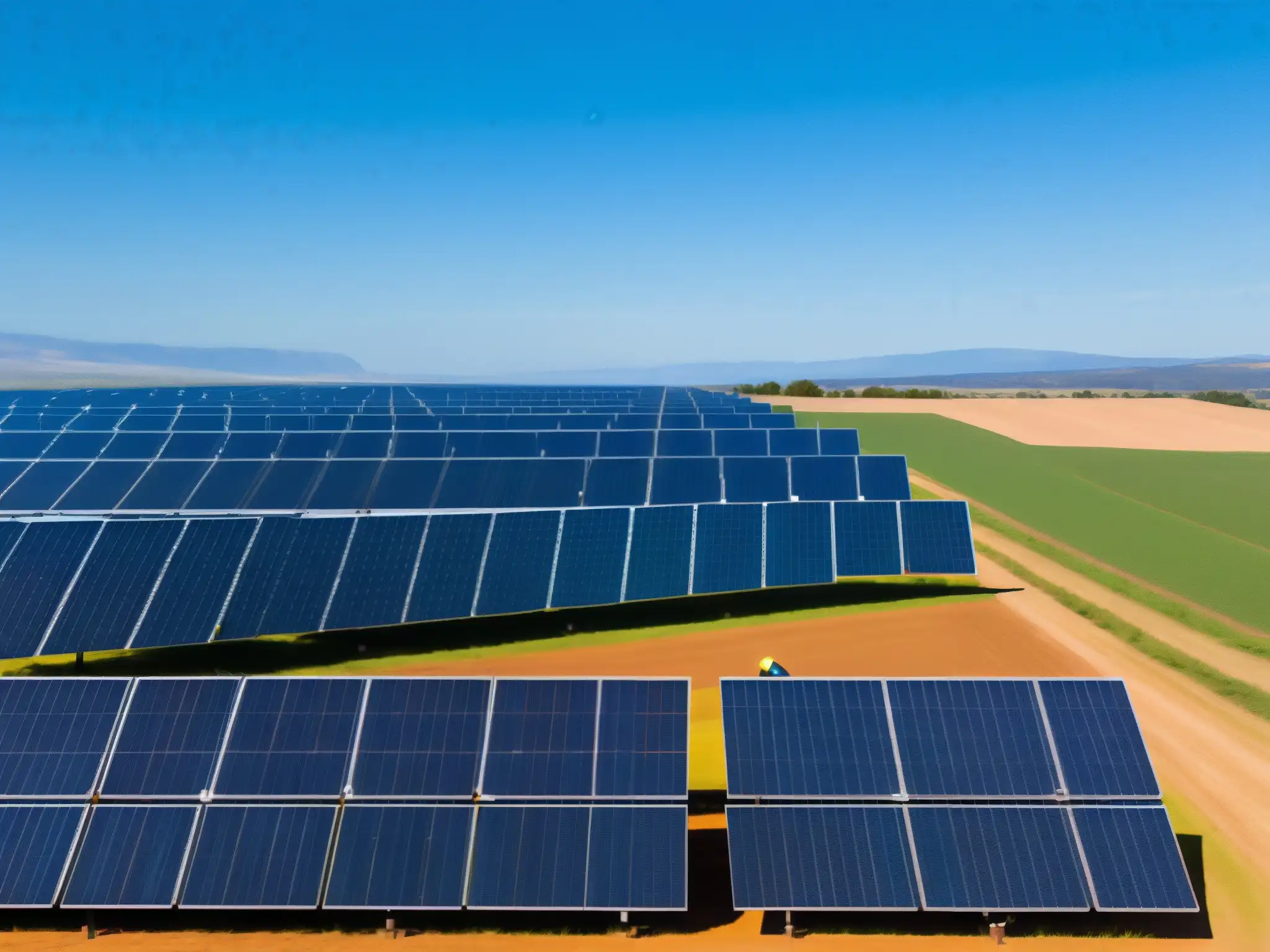 Un extenso campo de paneles solares bajo un cielo azul claro