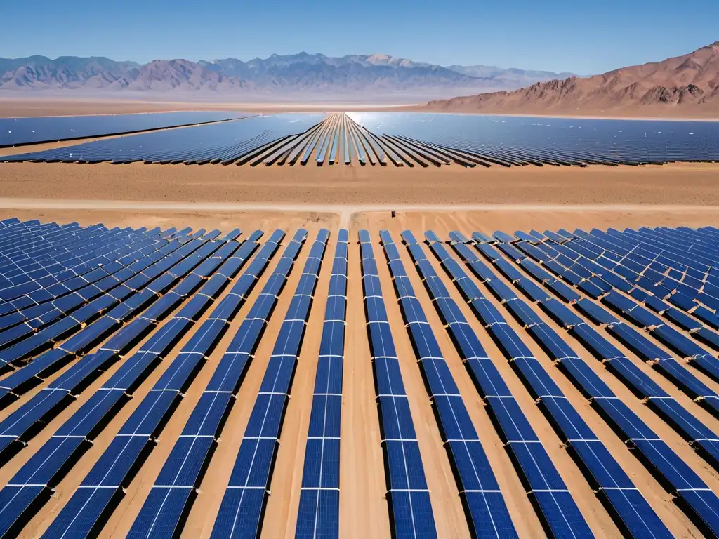 Un extenso campo de paneles solares en el desierto crea un patrón geométrico bajo el sol