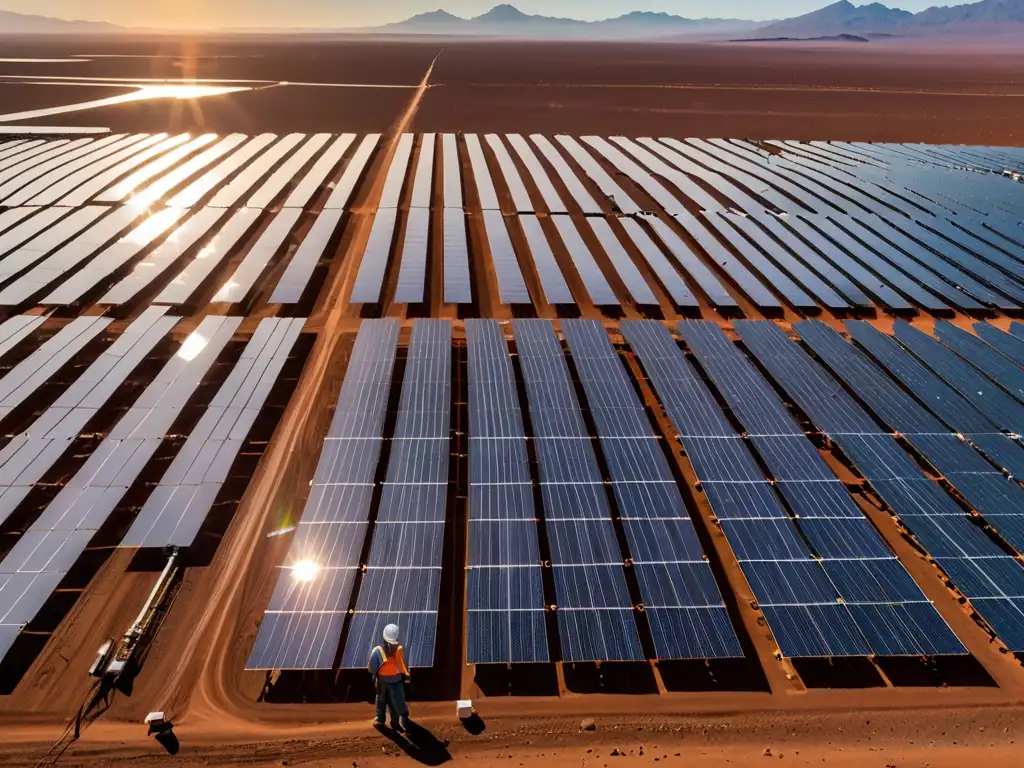 Un extenso campo de paneles solares en el árido desierto de Atacama, Chile