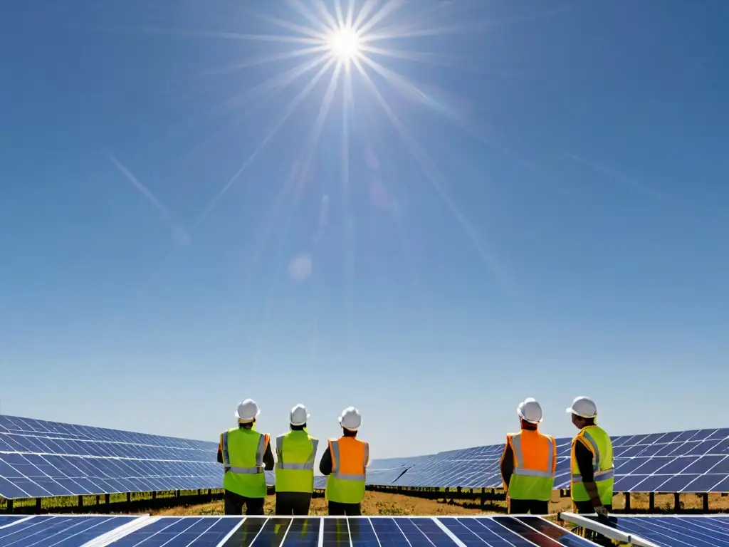 Un extenso campo de paneles solares se extiende hacia el horizonte