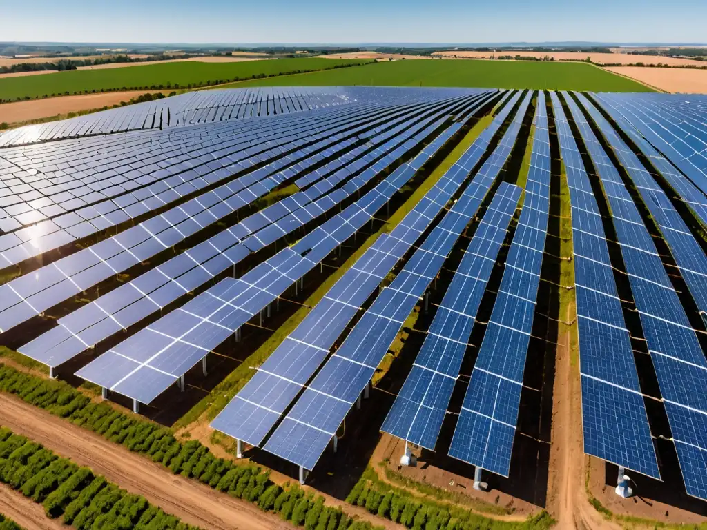 Un extenso campo de paneles solares se extiende hasta el horizonte, capturando la luz del sol