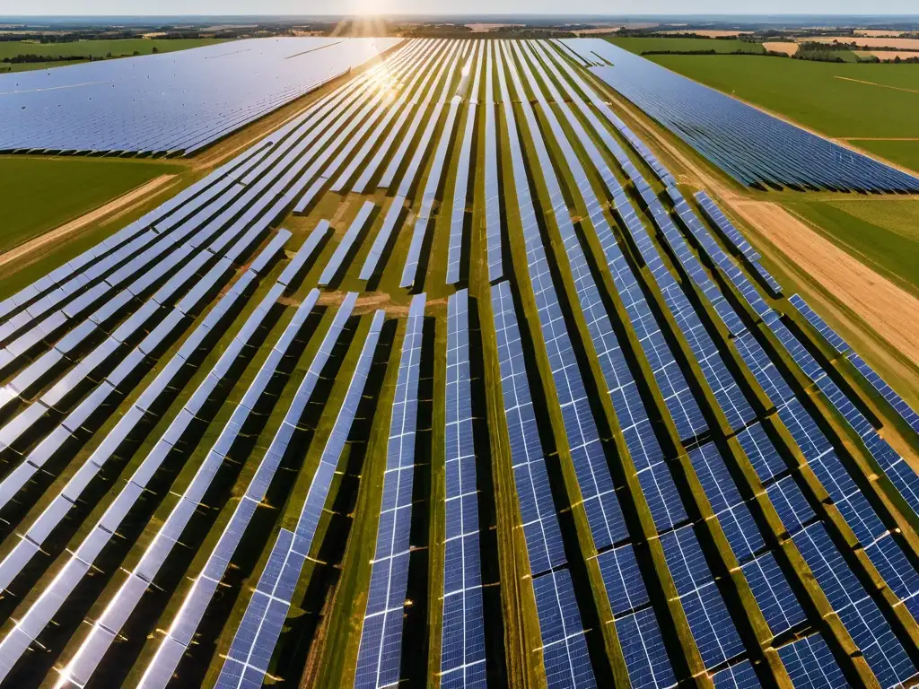 Un extenso campo de paneles solares brilla bajo el sol, mientras a lo lejos se ven turbinas eólicas