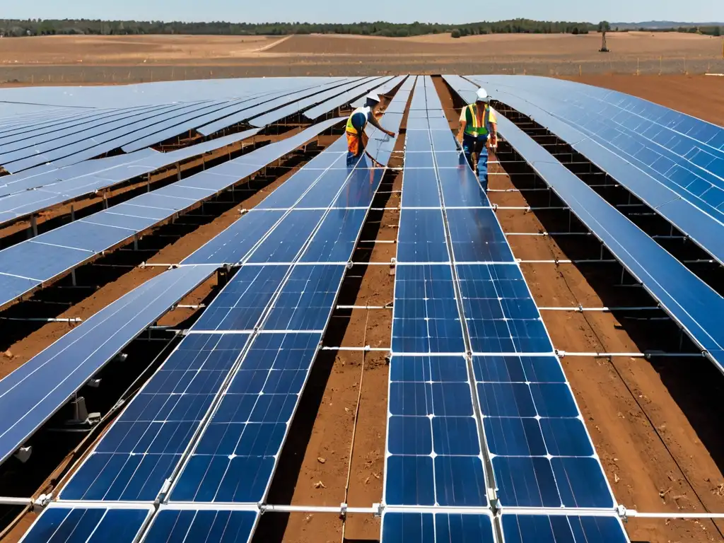 Un extenso campo de paneles solares bajo el sol, con un técnico inspeccionando