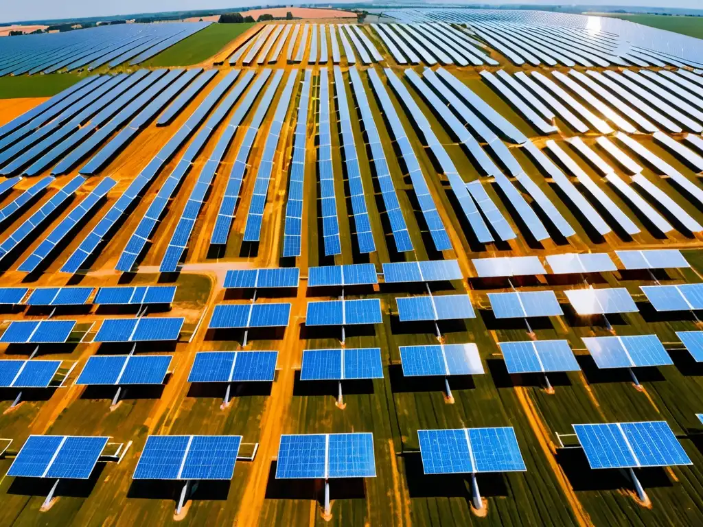 Un extenso campo de paneles solares brilla bajo el sol, contrastando con molinos de viento al fondo