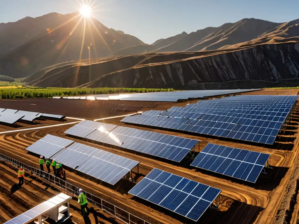 Un extenso campo solar bañado por la luz del sol, con paneles relucientes capturando la energía