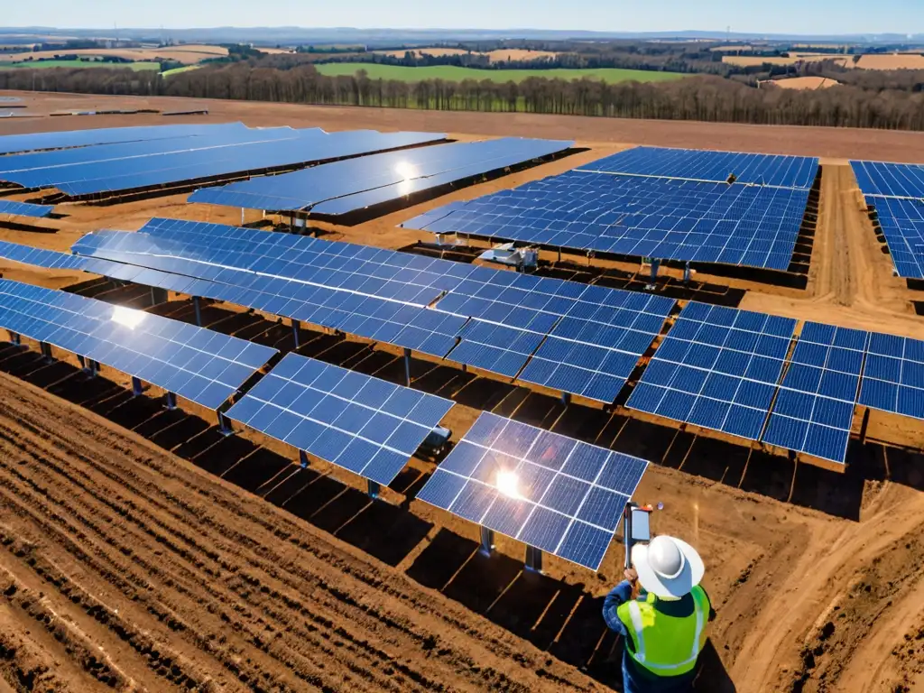 Un extenso campo solar se extiende bajo el cielo azul, con paneles solares relucientes y un técnico inspeccionando