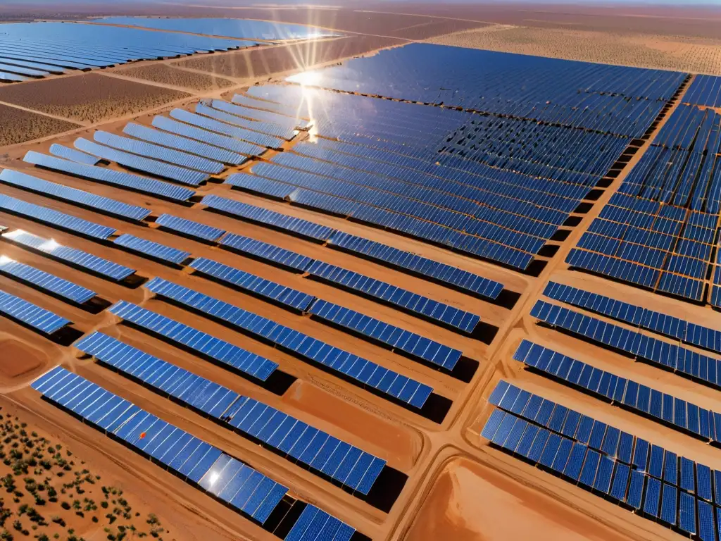 Un extenso campo solar en el desierto, con paneles fotovoltaicos formando un patrón geométrico