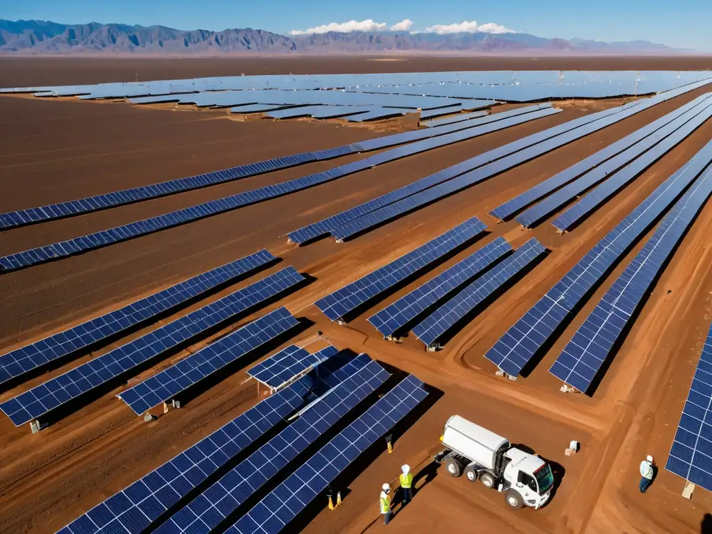 Un extenso campo solar en el desierto, con paneles relucientes y un técnico inspeccionando