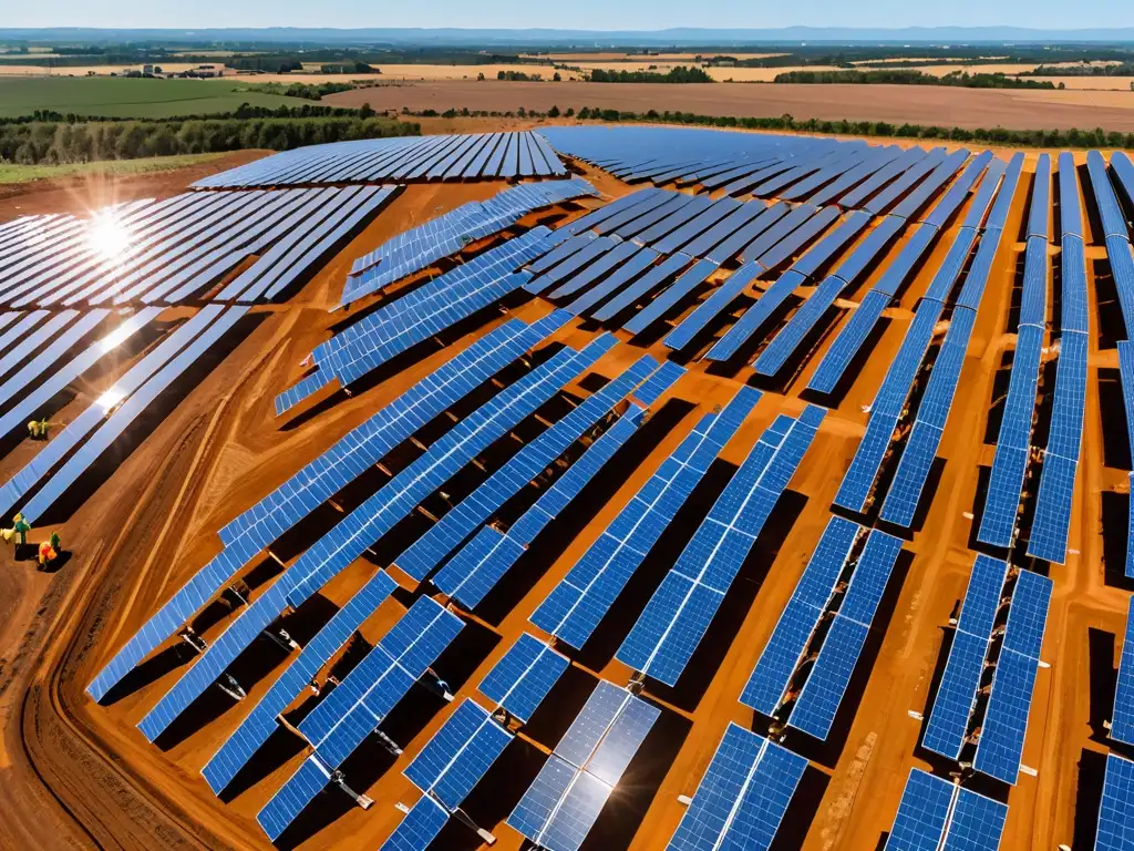 Un extenso campo solar con paneles relucientes bajo cielos azules, trabajadores realizando mantenimiento