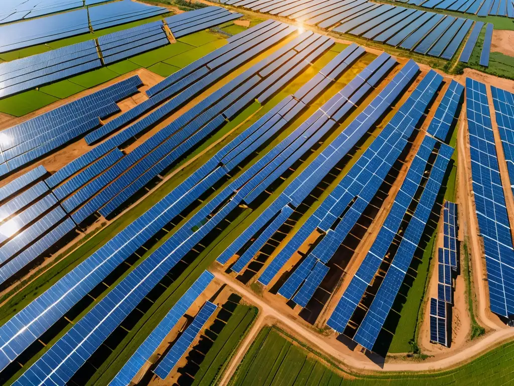 Un extenso campo solar en Asia, con paneles relucientes bajo cielos azules, refleja el potencial de las leyes de energía renovable en Asia