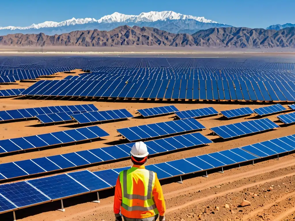 Un extenso parque solar en el desierto, con paneles relucientes captando la energía solar