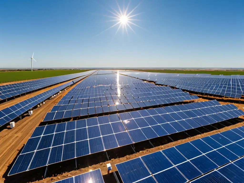 Un extenso parque solar con paneles relucientes, trabajadores realizando mantenimiento y un cielo azul despejado