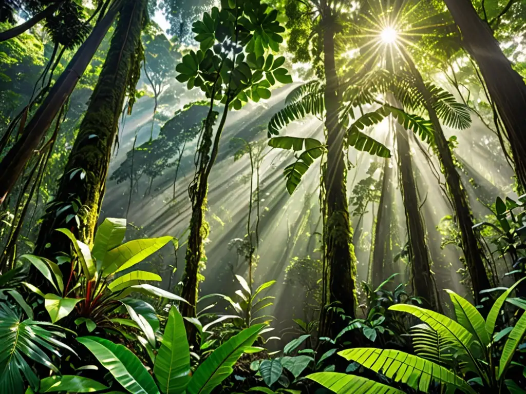 Un exuberante y biodiverso bosque lluvioso, con luz solar filtrándose entre las densas hojas, destaca la importancia de la preservación ambiental y el papel de la tecnología en el avance de las leyes y políticas ambientales