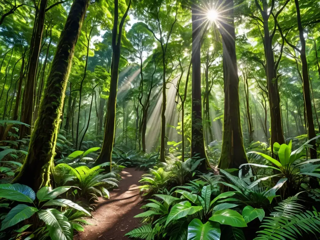 Un exuberante bosque con árboles imponentes y una variedad de exuberante follaje verde, destaca la biodiversidad