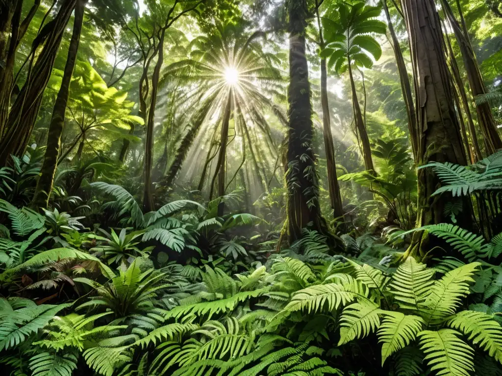 Un exuberante bosque con árboles imponentes, follaje vibrante y una diversidad de especies vegetales