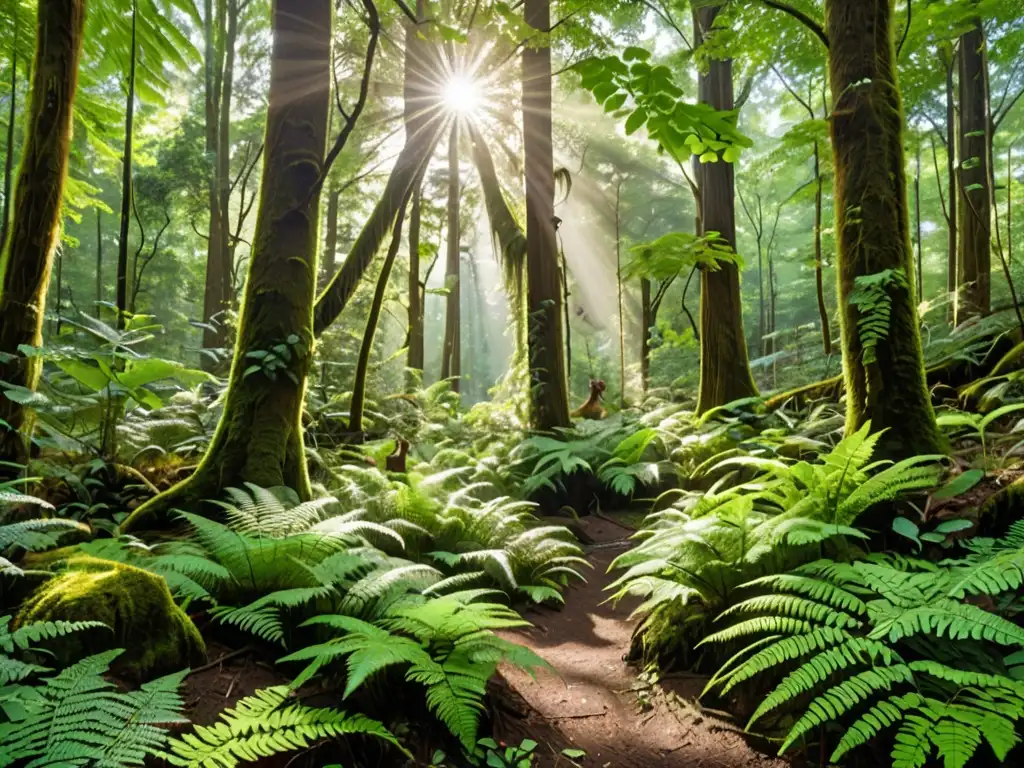 Un exuberante bosque con árboles imponentes, follaje verde vibrante y rayos de sol entre el dosel