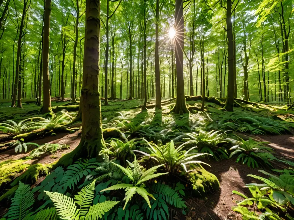 Exuberante bosque europeo con diversidad de árboles, plantas y vida silvestre