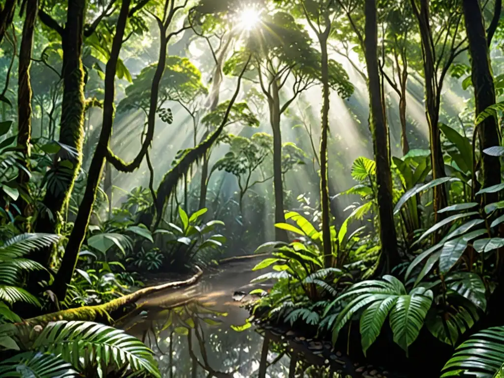 Un exuberante bosque lluvioso con árboles imponentes, diversidad de flora, luz solar filtrándose y un arroyo tranquilo