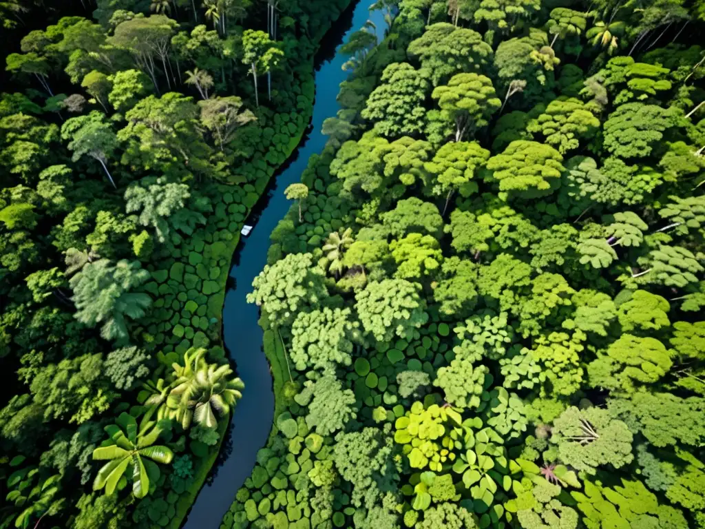 Un exuberante bosque lluvioso con capas de dosel, vegetación diversa y un río sinuoso