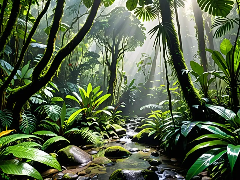 Un exuberante bosque lluvioso con una diversidad de flora y fauna