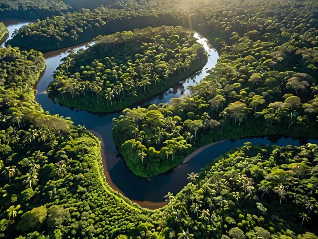 Un exuberante bosque lluvioso con un río serpenteante y una aldea indígena, destacando la preservación de tierras indígenas y el derecho ambiental