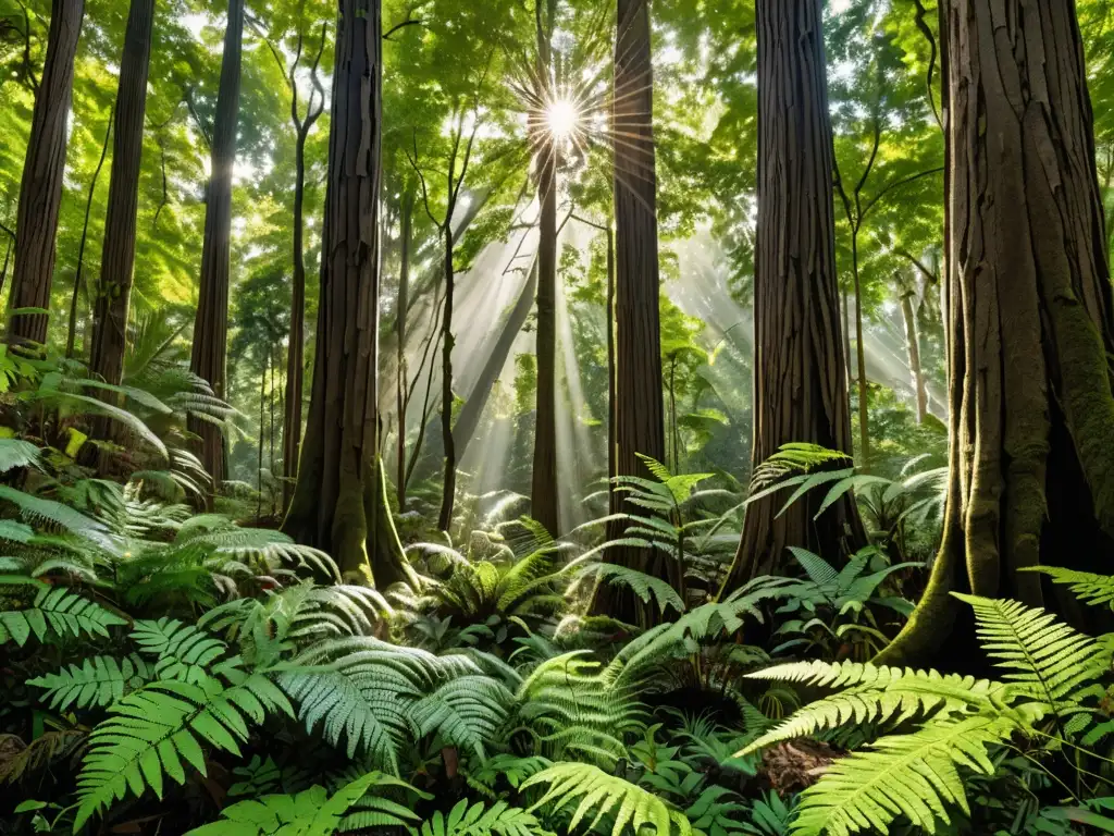 Un exuberante bosque con luz solar filtrándose a través del dosel, resaltando la biodiversidad