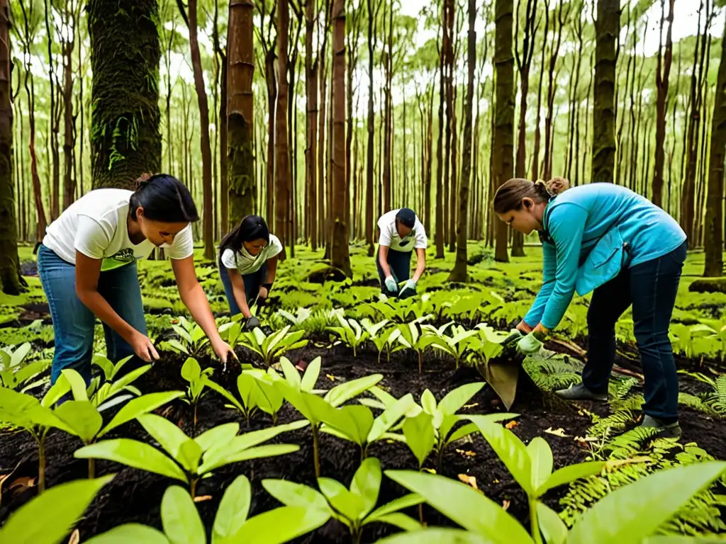 Un exuberante bosque con luz solar filtrándose entre el dosel, resaltando la frondosa vegetación verde y diversa vida silvestre