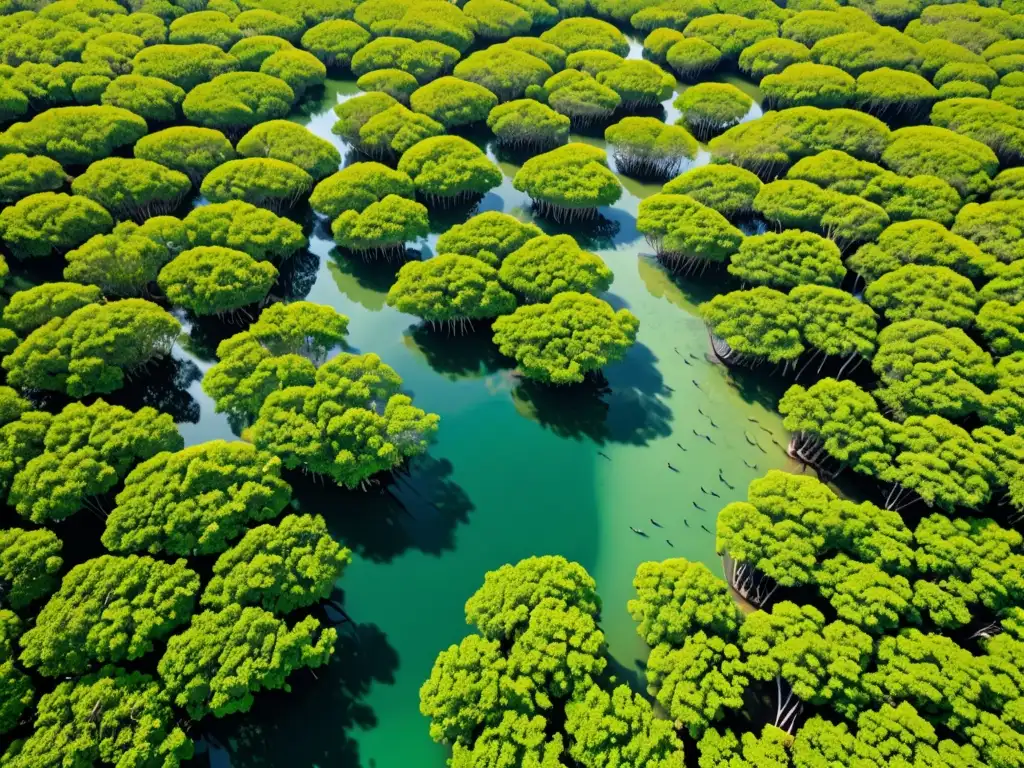 Un exuberante bosque de manglares, con raíces visibles bajo el agua