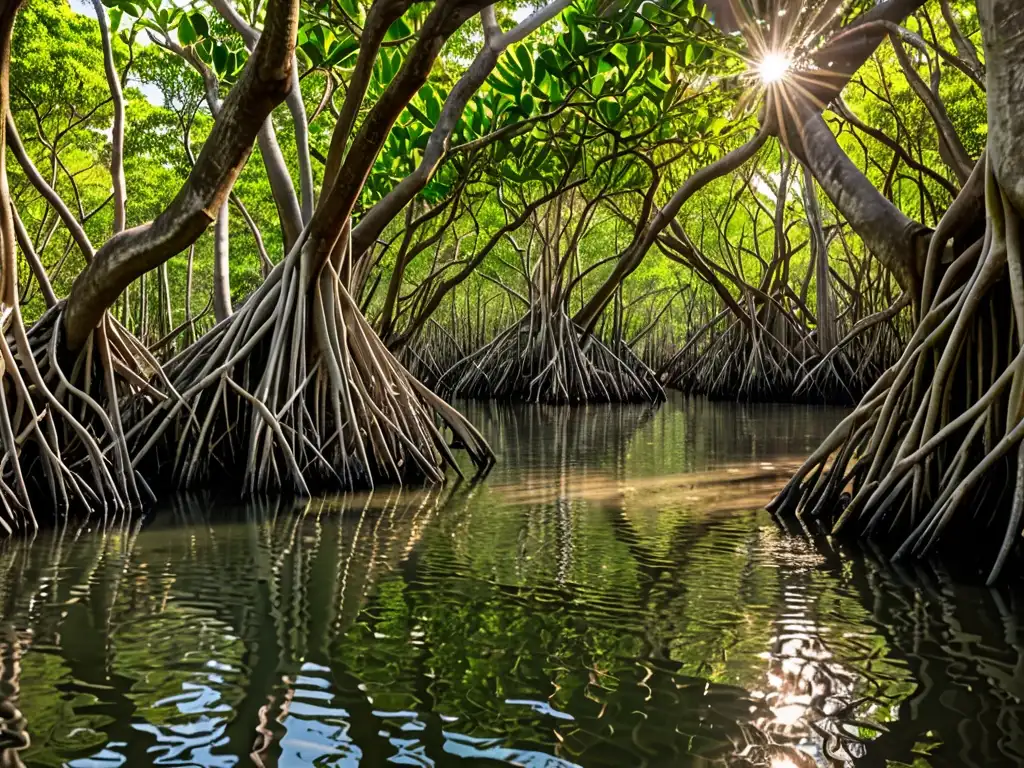 Un exuberante bosque de manglares en Brasil, con raíces intrincadas y follaje verde vibrante