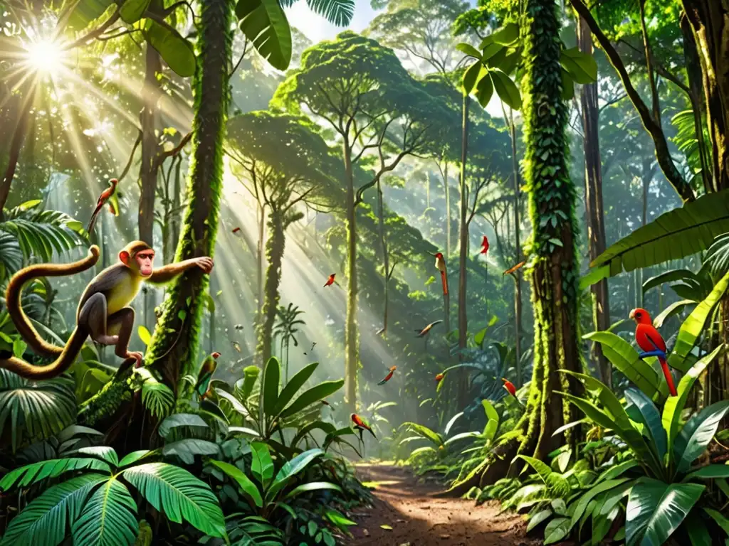 Un exuberante bosque tropical con árboles gigantes, follaje verde vibrante y una diversa variedad de vida silvestre