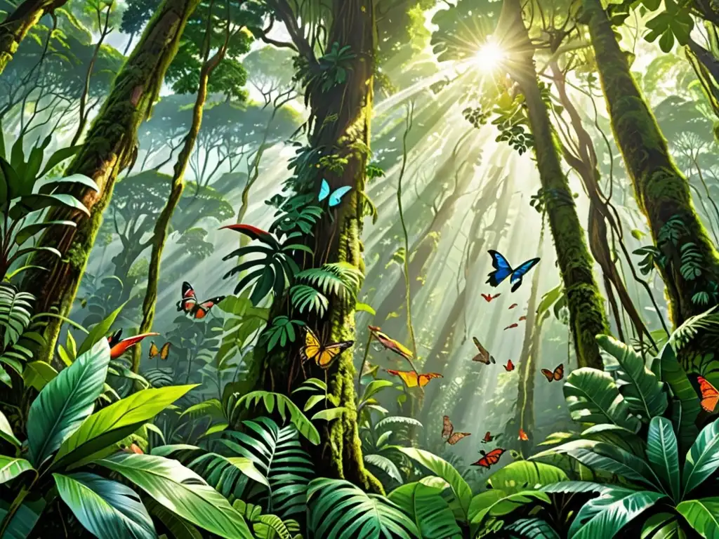 Un exuberante bosque tropical con árboles gigantes, plantas diversas y aves coloridas