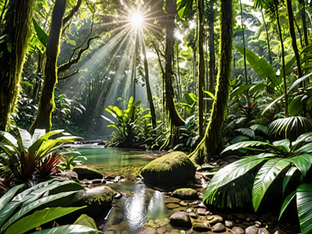 Un exuberante bosque tropical con árboles gigantes, vegetación vibrante y vida silvestre diversa