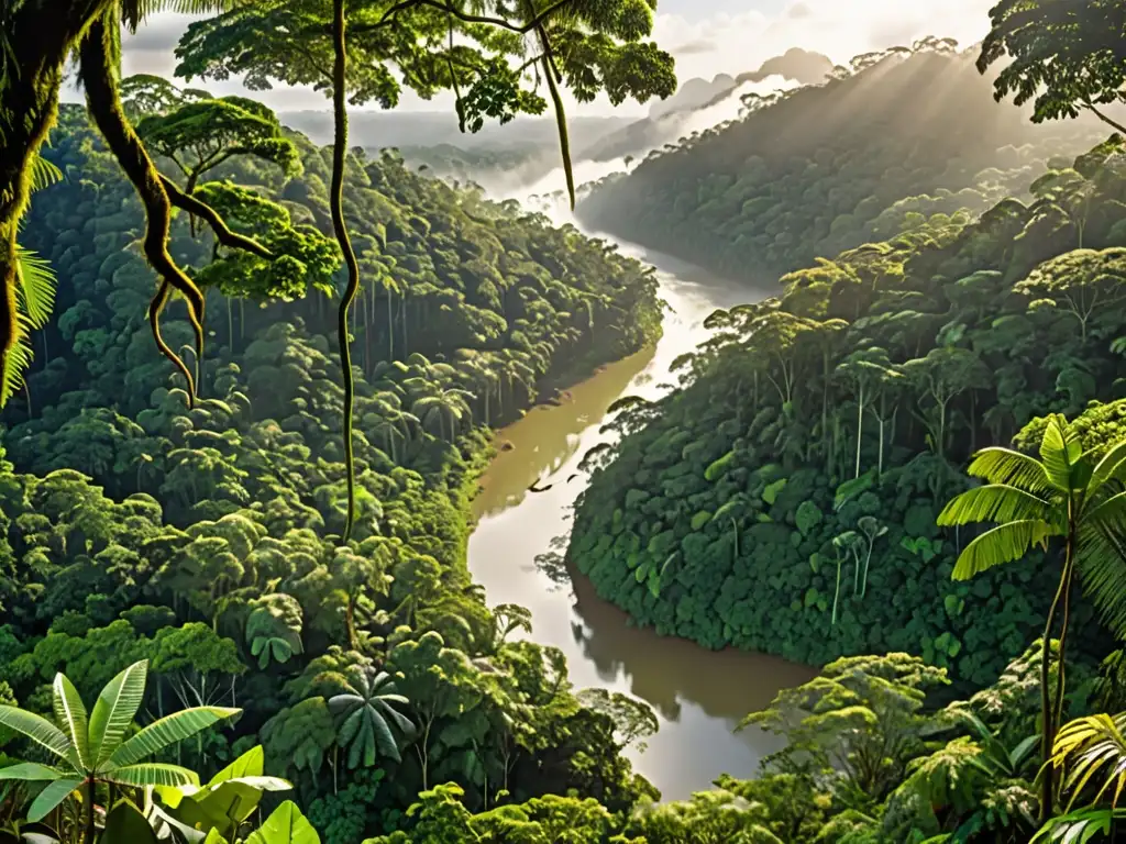 Un exuberante bosque tropical con río, aves coloridas y monos