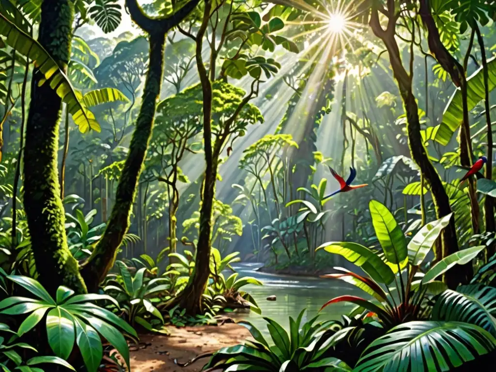 Un exuberante bosque tropical en América Central, con una diversa vida silvestre, río serpenteante y luz solar filtrada