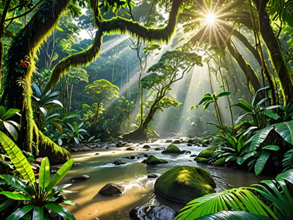 Un exuberante bosque tropical con una diversidad de vegetación verde exuberante, árboles majestuosos y un río serpenteante