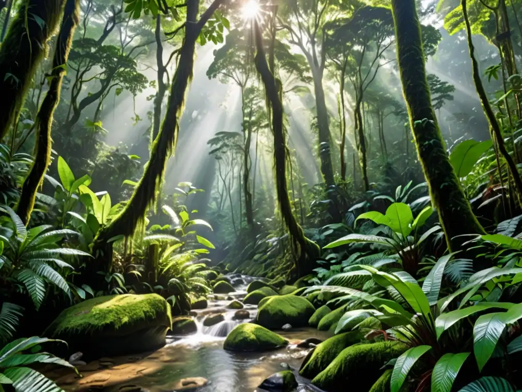 Un exuberante bosque verde con diversa vegetación, árboles majestuosos y follaje vibrante