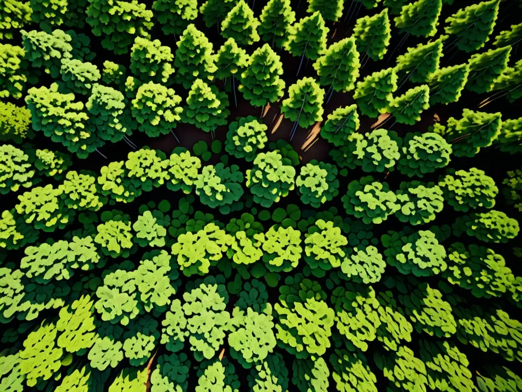 Un exuberante bosque verde con luz solar filtrándose a través de las hojas, creando un patrón de sombras en el suelo del bosque