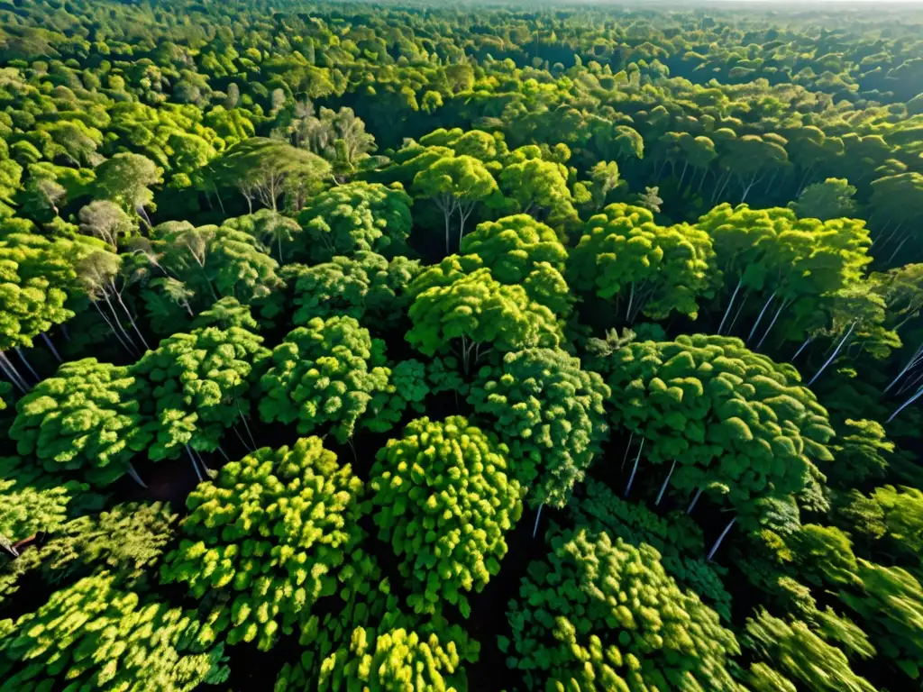 Un exuberante bosque verde con luz solar filtrándose a través del dosel, resaltando la rica biodiversidad