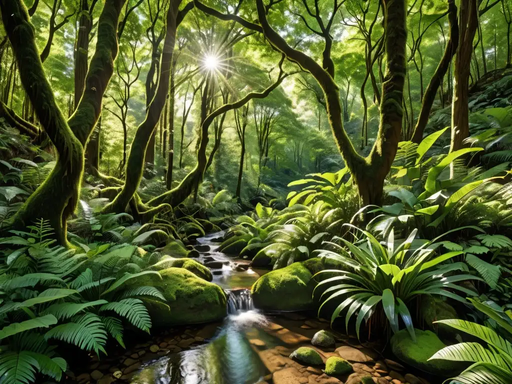 Un exuberante bosque verde con vida diversa, árboles imponentes y luz solar filtrándose