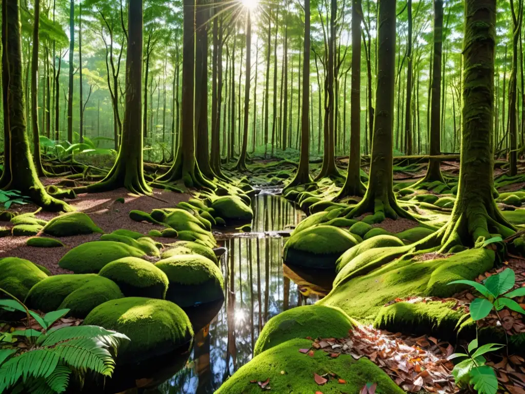 Un exuberante y denso bosque con árboles altos y rectos, luz solar filtrándose a través del dosel y creando sombras moteadas